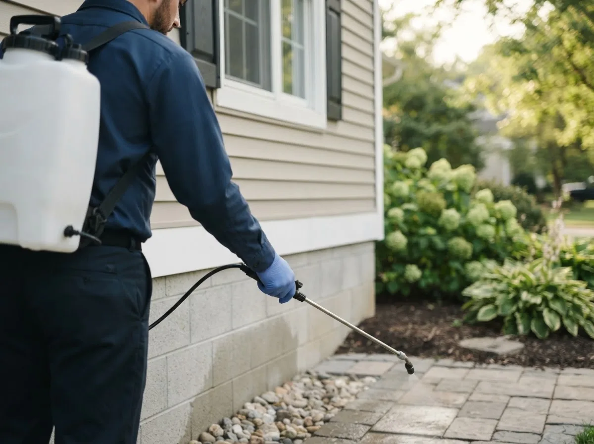 Pest control technician inspecting a home in Litchfield, CT
